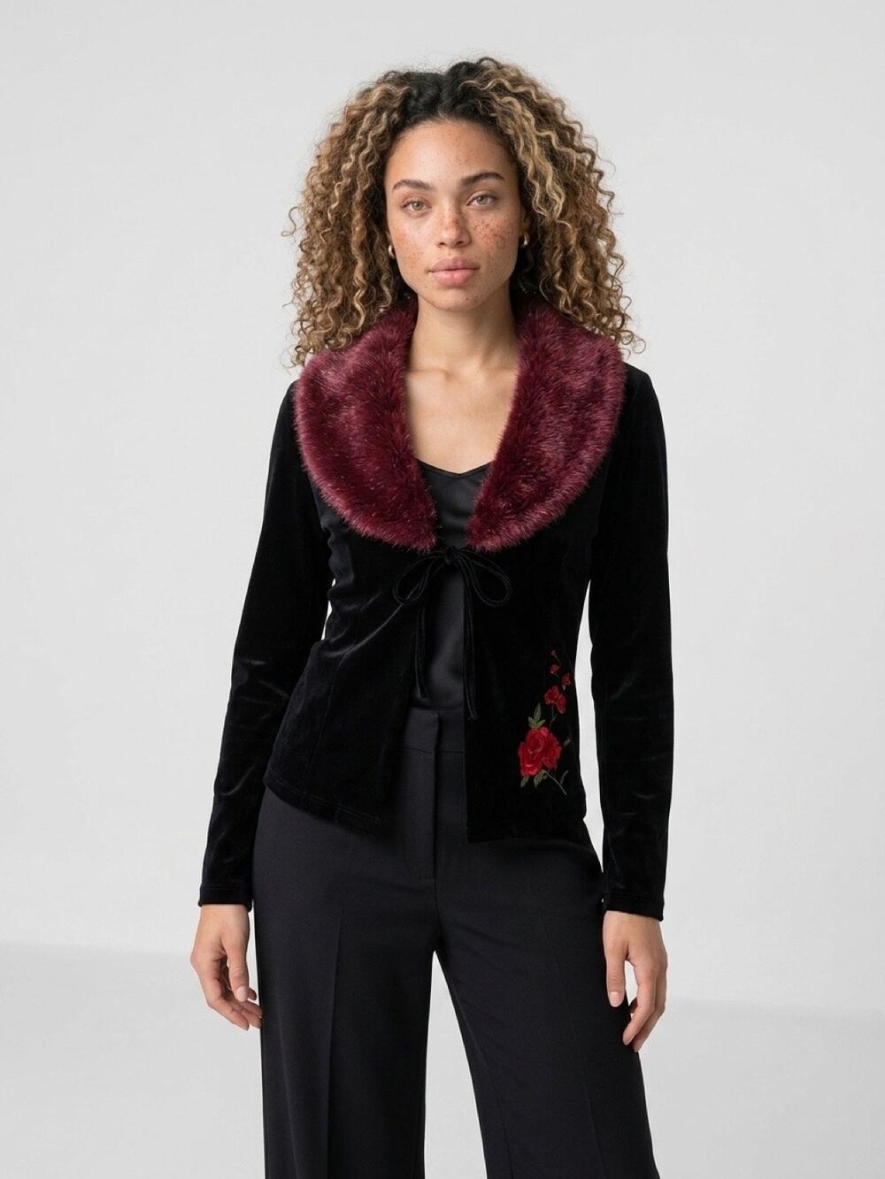 Velvet jacket with embroidered roses, faux fur collar and cuffs size small